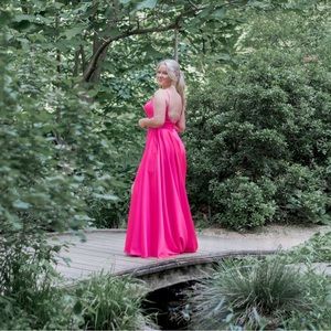 Hot pink prom dress, V-neck adjustable high zipper slit